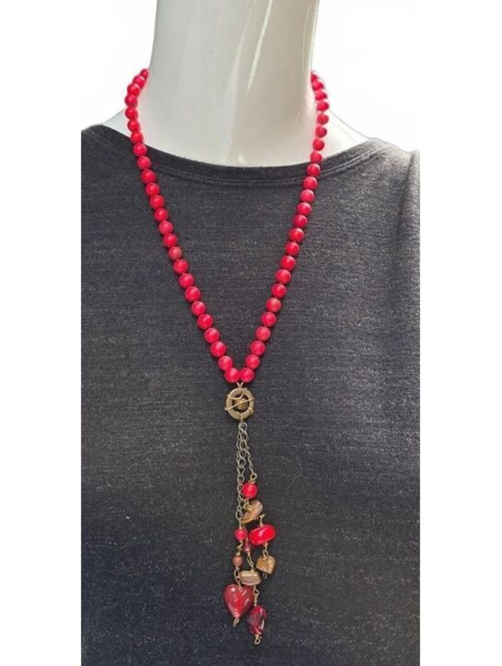 Hand knotted Red Howlite Statement Necklace = Boho Tassel & Charm Pendant
